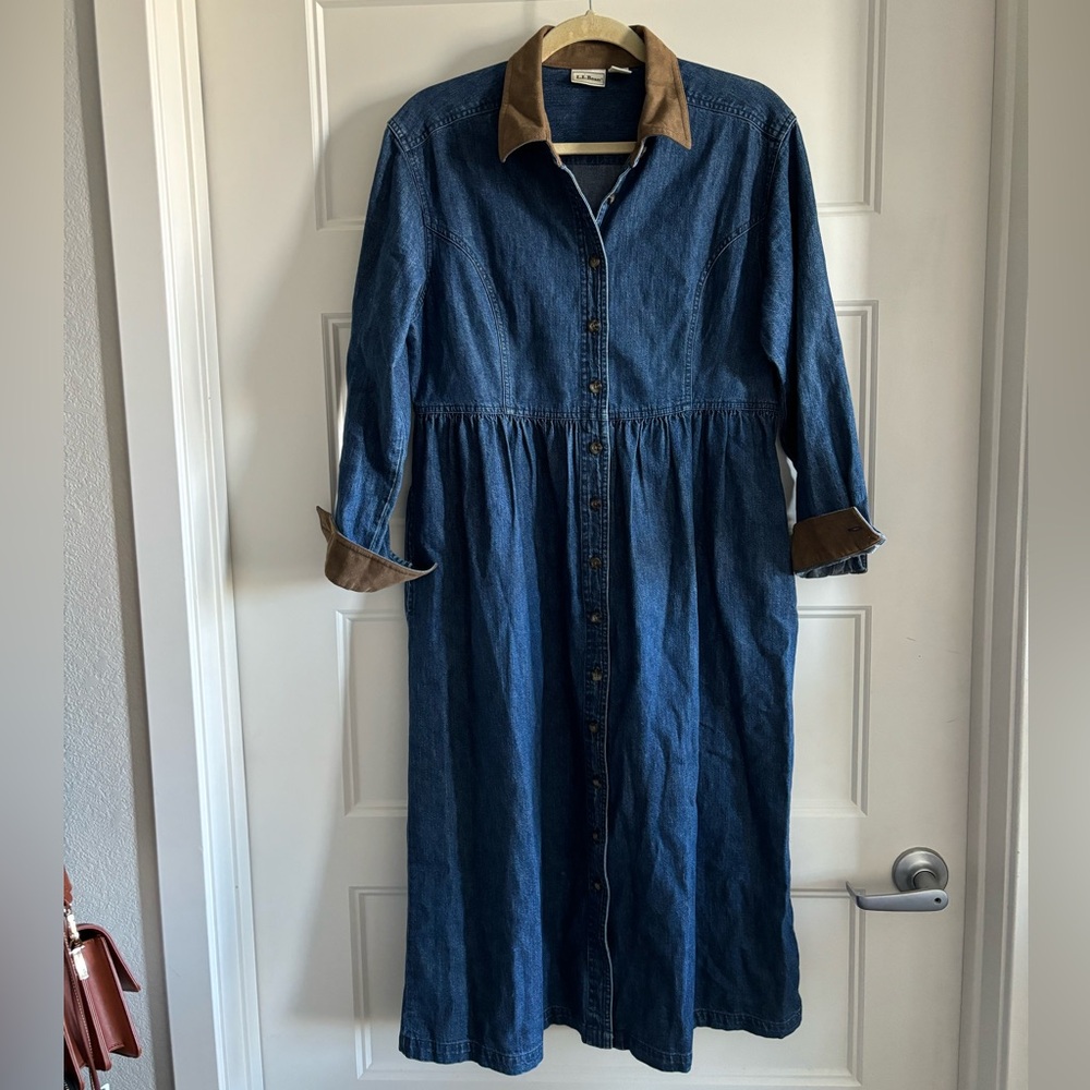 Vintage L.L. Bean Blue Denim Dress with Brown Collar